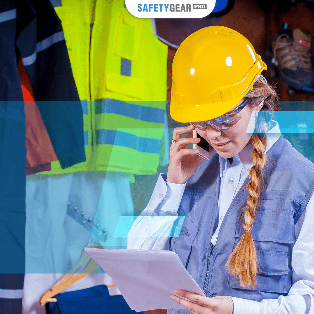 woman on phone wearing prescription safety goggles