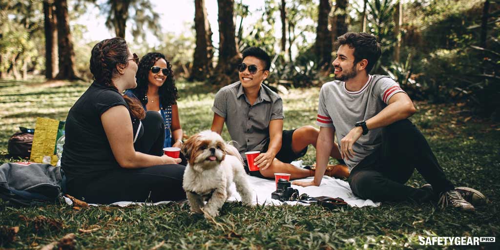 Friends on a picnic wearing protective sunglasses