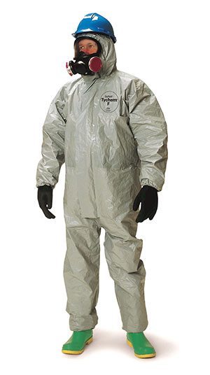man wearing dupont tychem coveralls