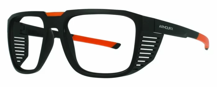 ArmouRx 5009 black safety glasses front view, dual ANSI Z87.1 and CSA Z94.3 rated