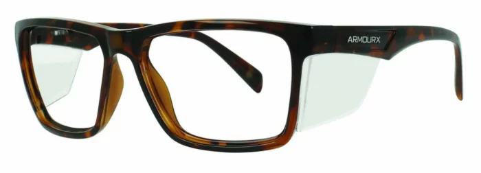 ArmouRx 5010 brown tortoise safety glasses front view, dual ANSI Z87.1 and CSA Z94.3 rated