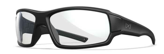 Wiley X Breach 2.5 XL large-fit modern-revision tactical sunglasses, three-quarter view, with foam gasket installed