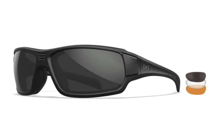 Wiley X Breach 2.5 Standard-fit modern-revision tactical sunglasses, three-quarter view, with foam gasket installed