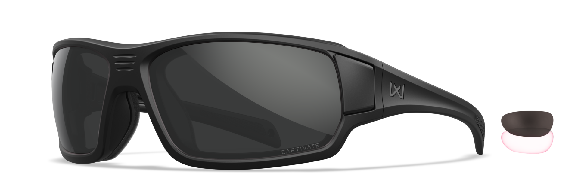 Wiley X Breach 2.5 Standard-fit modern-revision tactical sunglasses, three-quarter view, with foam gasket installed
