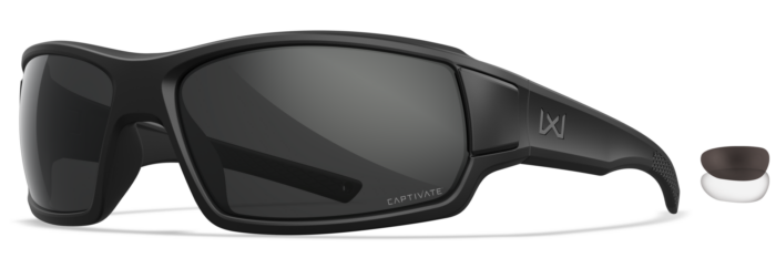 Wiley X Breach 2.5 XL large-fit modern-revision tactical sunglasses, three-quarter view, with foam gasket installed