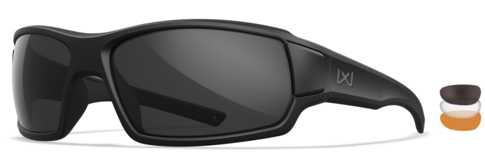 Wiley X Breach 2.5 XL large-fit modern-revision tactical sunglasses, three-quarter view, with foam gasket installed
