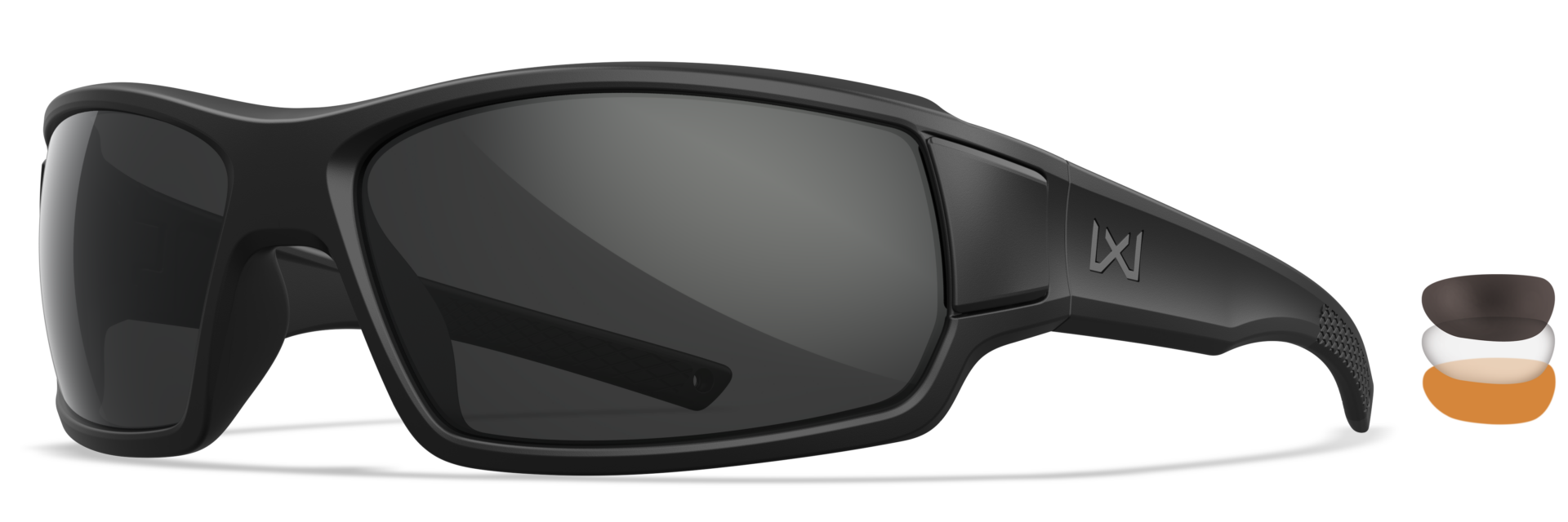 Wiley X Breach 2.5 XL large-fit modern-revision tactical sunglasses, three-quarter view, with foam gasket installed