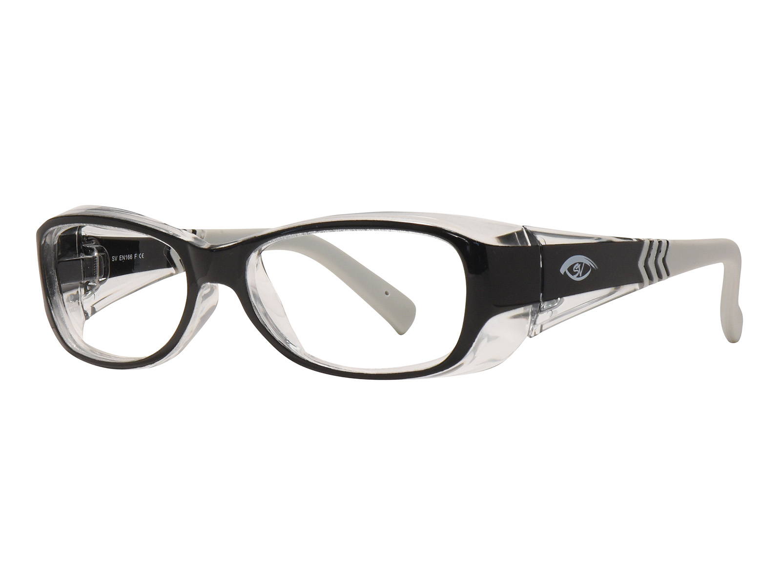 SafeVision CRUISER ANSI rated prescription safety glasses in Black Clear, three-quarter view
