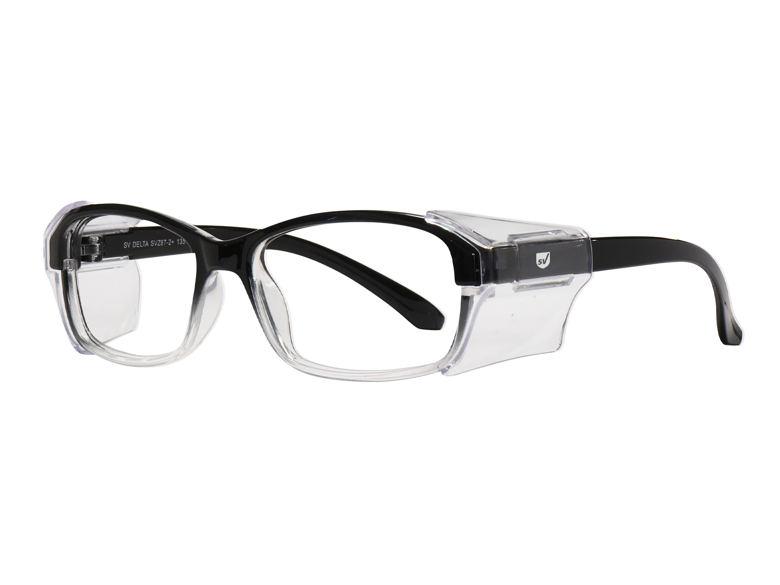 SafeVision DELTA ANSI rated prescription safety glasses in Black Clear, three-quarter view