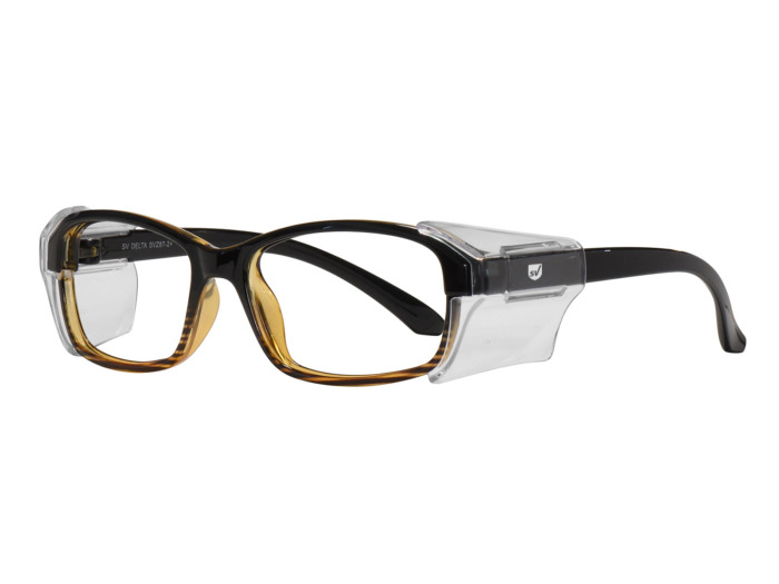 SafeVision DELTA ANSI rated prescription safety glasses in Dark Brown Stripe, three-quarter view
