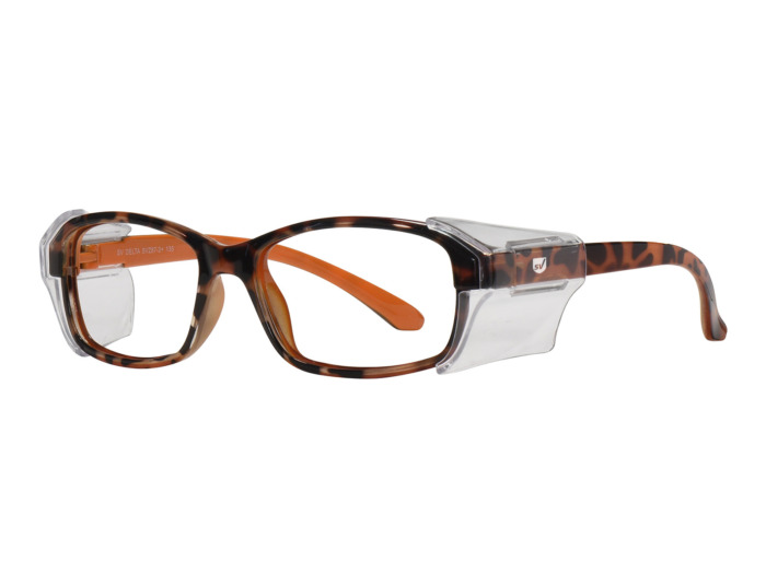 SafeVision DELTA ANSI rated prescription safety glasses in Tortoise Orange, three-quarter view