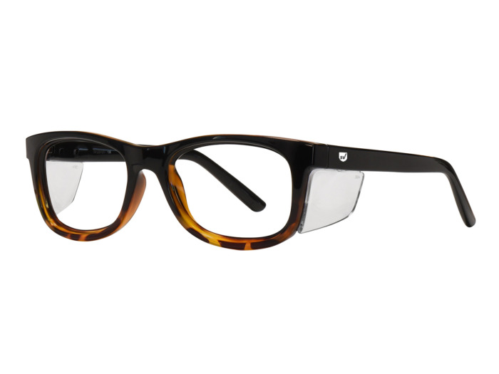 SafeVision ECHO ANSI rated prescription safety glasses in Tortoise to Black, three-quarter view