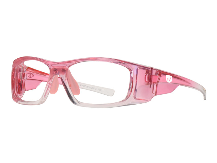 SafeVision QUANTUM ANSI rated prescription safety glasses in Pink Crystal, three-quarter view