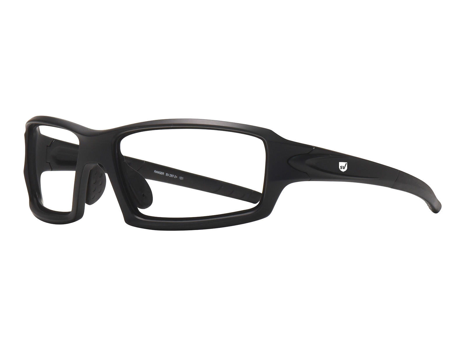 SafeVision RANGER ANSI rated prescription safety glasses in Matte Black, three-quarter view
