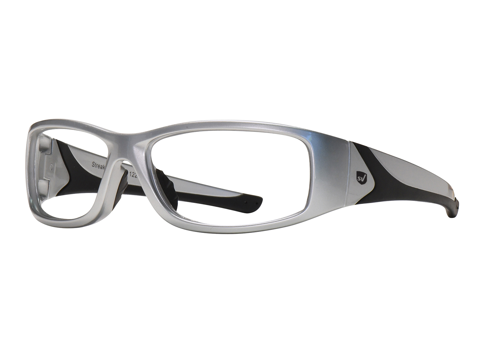 SafeVision STREAK ANSI rated prescription safety glasses in Silver, three-quarter view