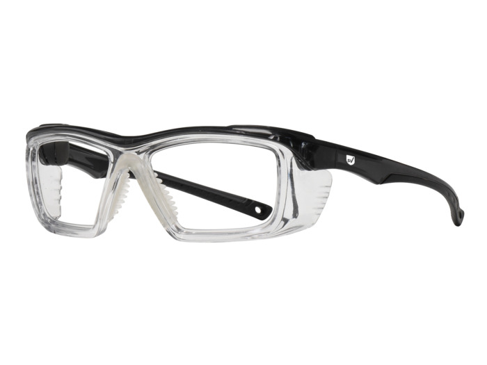 SafeVision SV20 ANSI rated prescription safety glasses in Black Clear, three-quarter view