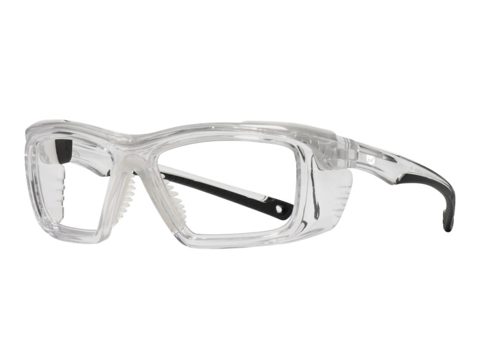 SafeVision SV20 ANSI rated prescription safety glasses in Clear, three-quarter view