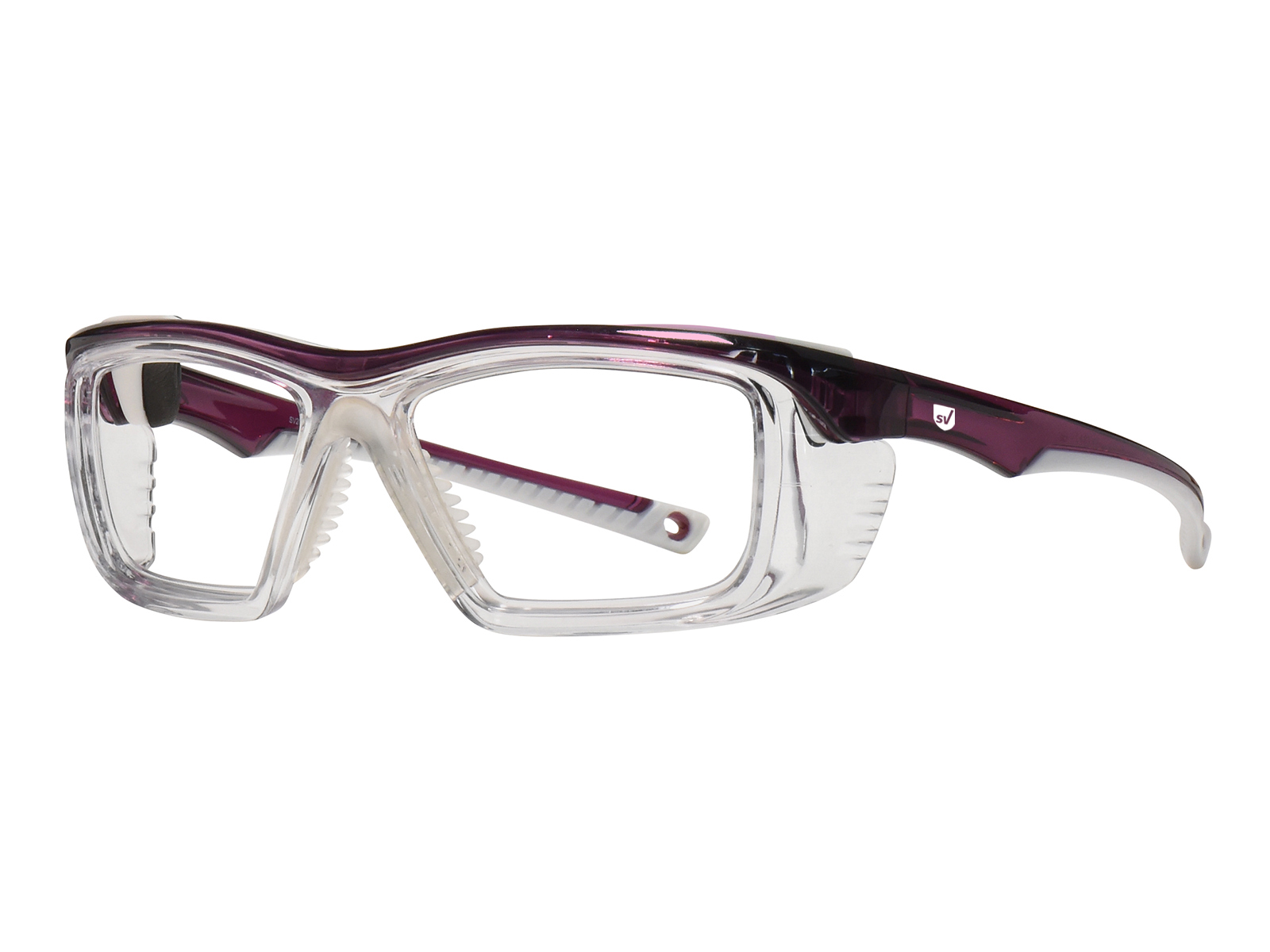 SafeVision SV20 ANSI rated prescription safety glasses in Purple White, three-quarter view
