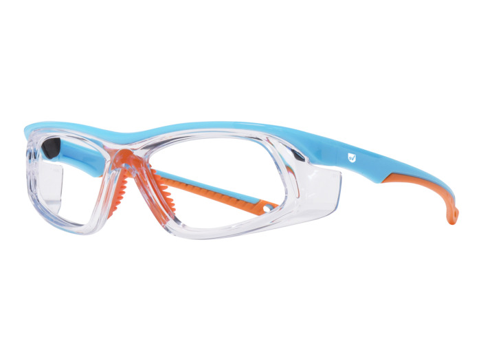 SafeVision SV26 ANSI rated prescription safety glasses in Turquoise Orange, three-quarter view