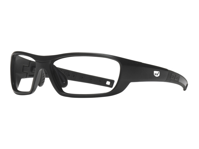 SafeVision SVNY ANSI rated prescription safety glasses in Matte Black, three-quarter view