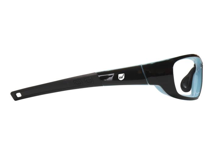 SafeVision SVNY ANSI rated prescription safety glasses in Shiny Black Blue, right side view
