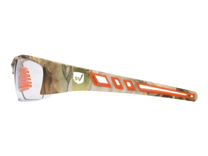 SafeVision SVSR-4 ANSI rated prescription safety glasses in Camo Orange, left side view