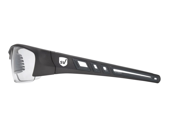 SafeVision SVSR-4 ANSI rated prescription safety glasses in Matte Gray, left side view