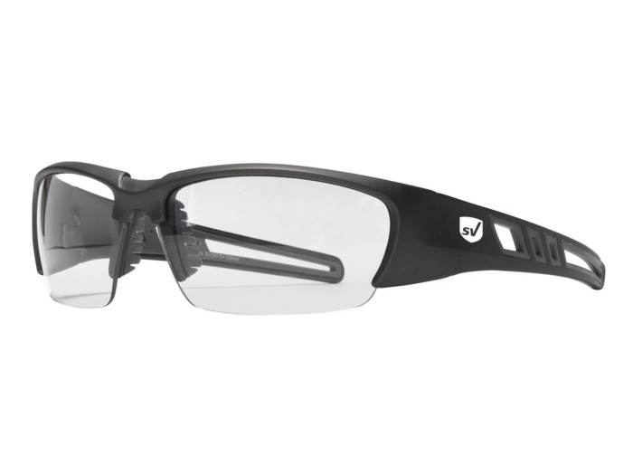 SafeVision SVSR-4 ANSI rated prescription safety glasses in Matte Gray, three-quarter view
