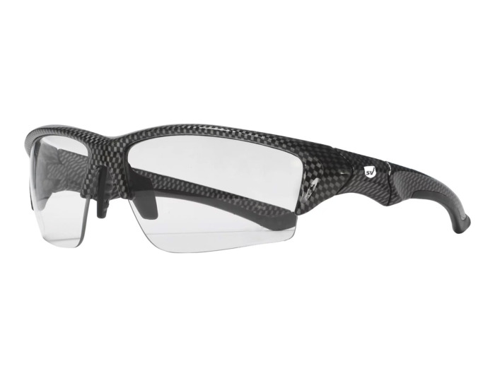SafeVision SVSR-5 ANSI rated prescription safety glasses in Shiny Carbon, three-quarter view