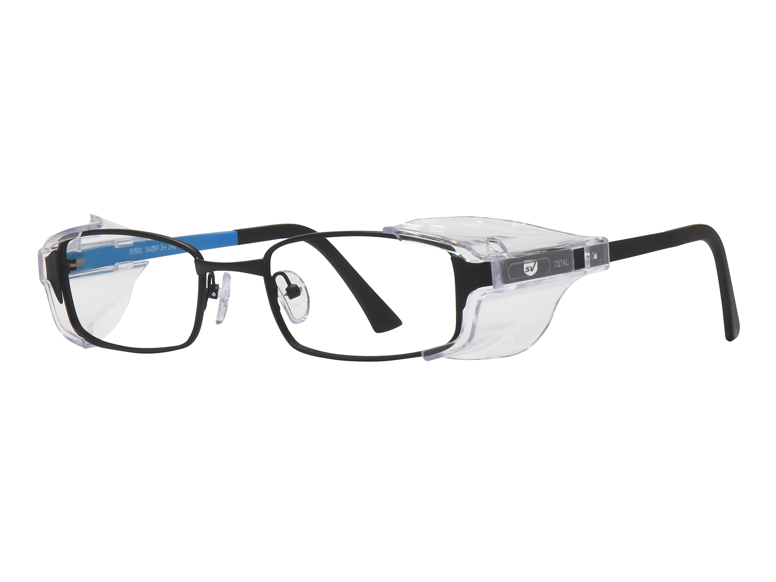 SafeVision SVSS 1 ANSI rated prescription safety glasses in Black Blue, three-quarter view
