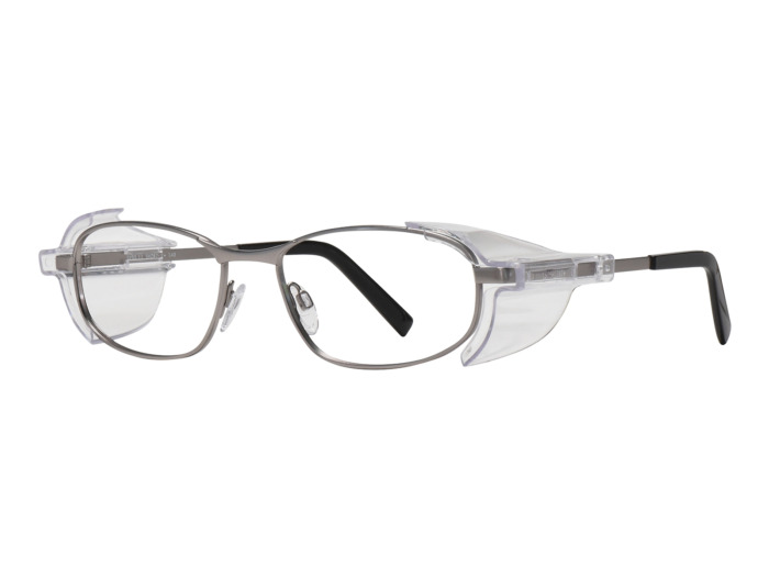 SafeVision SVSS 11 ANSI rated prescription safety glasses in Satin Silver, three-quarter view