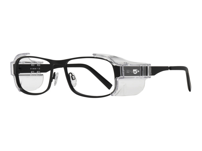 SafeVision SVSS 12 ANSI rated prescription safety glasses in Matte Black, three-quarter view