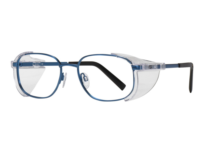 SafeVision SVSS 14 ANSI rated prescription safety glasses in Matte Blue, three-quarter view