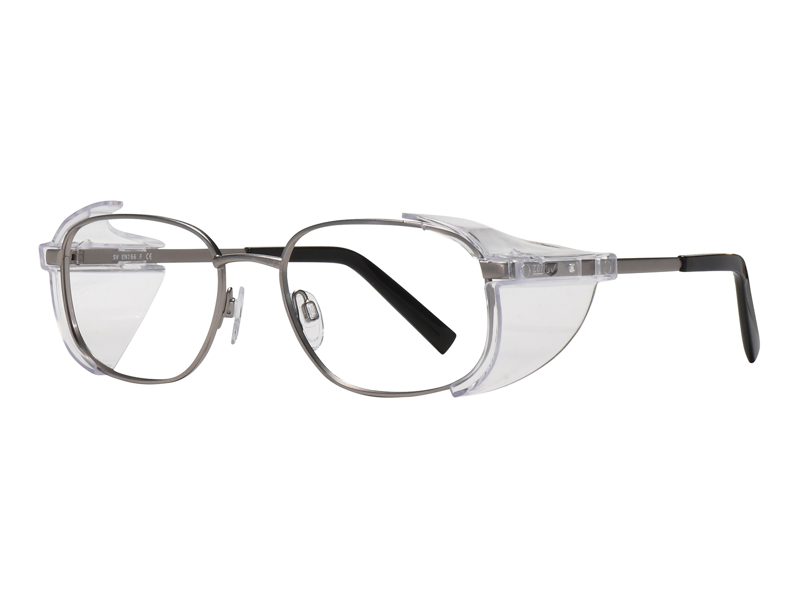 SafeVision SVSS 14 ANSI rated prescription safety glasses in Matte Silver, three-quarter view