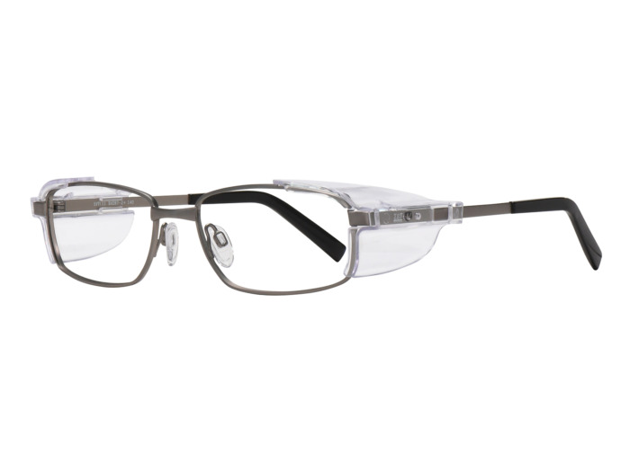SafeVision SVTI 11 ANSI rated prescription safety glasses in Matte Gray, three-quarter view