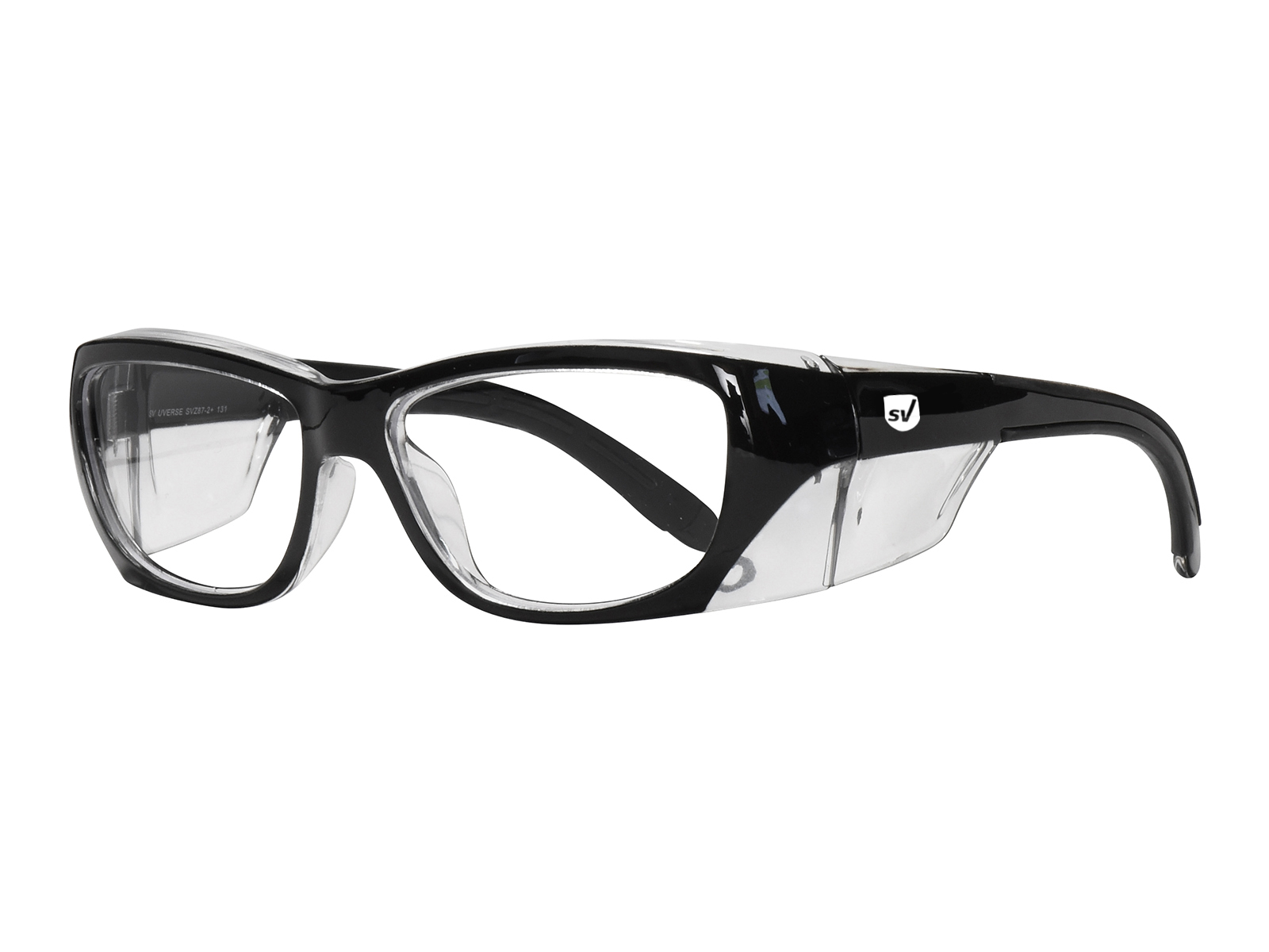 SafeVision UVERSE ANSI rated prescription safety glasses in Black Clear, three-quarter view