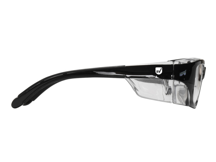 SafeVision UVERSE ANSI rated prescription safety glasses in Black Clear, right side view