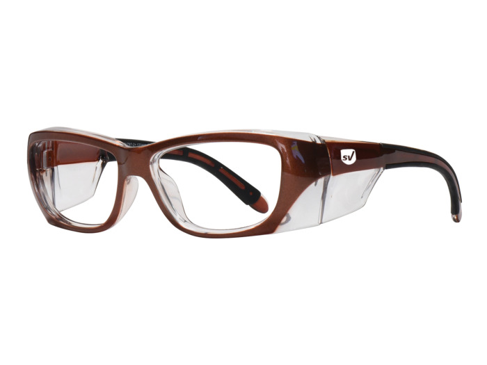 SafeVision UVERSE ANSI rated prescription safety glasses in Copper Clear, three-quarter view