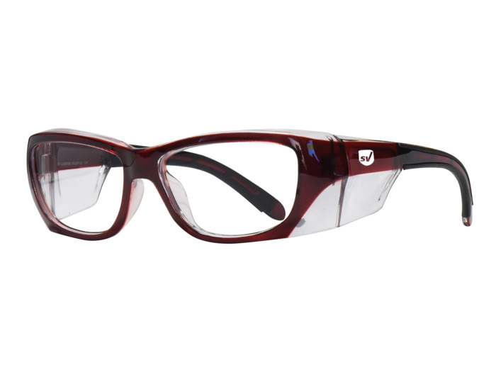 SafeVision UVERSE ANSI rated prescription safety glasses in Wine Clear, three-quarter view
